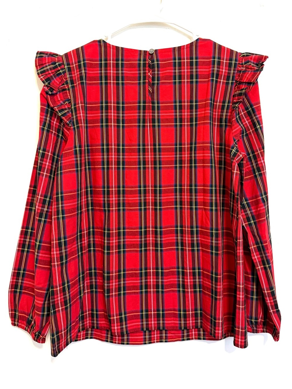 2/$30 J. Crew Red Plaid Ruffle Shoulder Long Sleeve Holiday Blouse Size Small - Picture 8 of 9